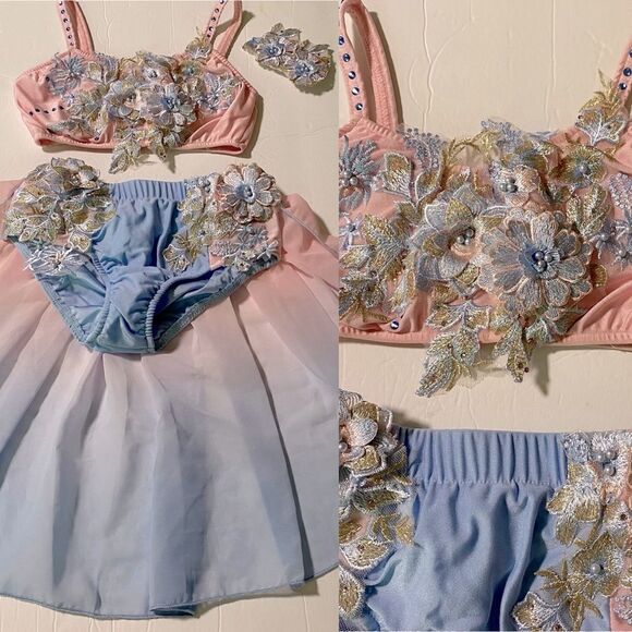 Glamour solo dance costume 2 piece blue pink embellished EUC LC child - Picture 3 of 14